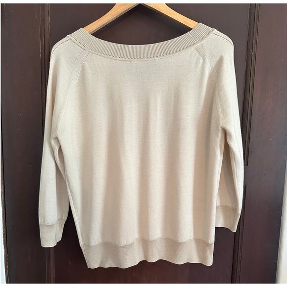 ST. JOHN | Cream Wool Silk Blend V Neck Lightweight 3/4 Sleeve Sweater | Medium - Picture 6 of 9